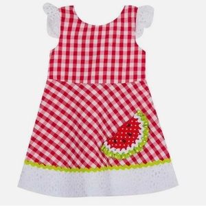 Rare Editions Red Seersucker Watermelon Applique Dress